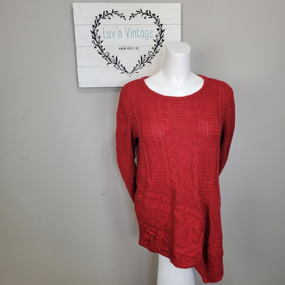 Dana Buchman Red Cable Knit Asymmetrical Hem Sweater Women's XL